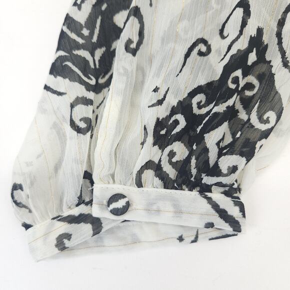 Zara Top M Black Gold Ikat Tunic Blouse Ruffle Frill Sheer Fairy Whimsy Peasant - Picture 6 of 8